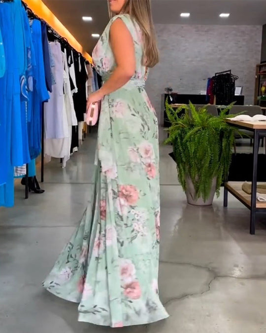 Venesa - Elegant Sleeveless V-neck Floral Print Dress