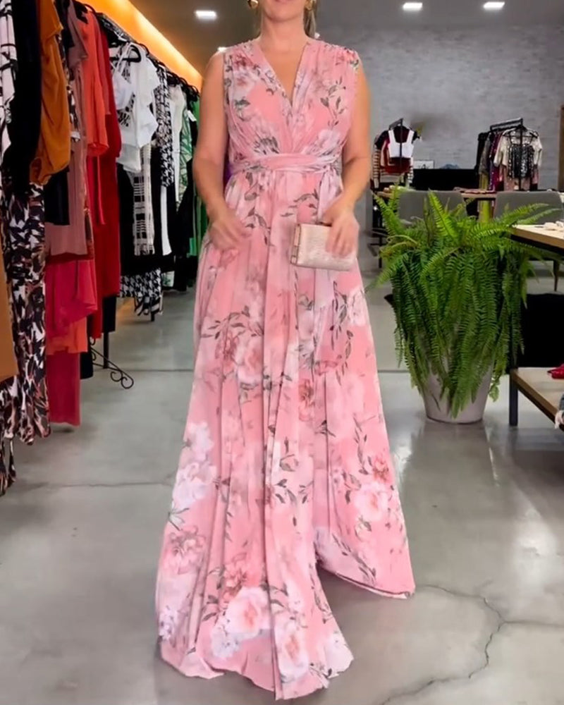 Venesa - Elegant Sleeveless V-neck Floral Print Dress