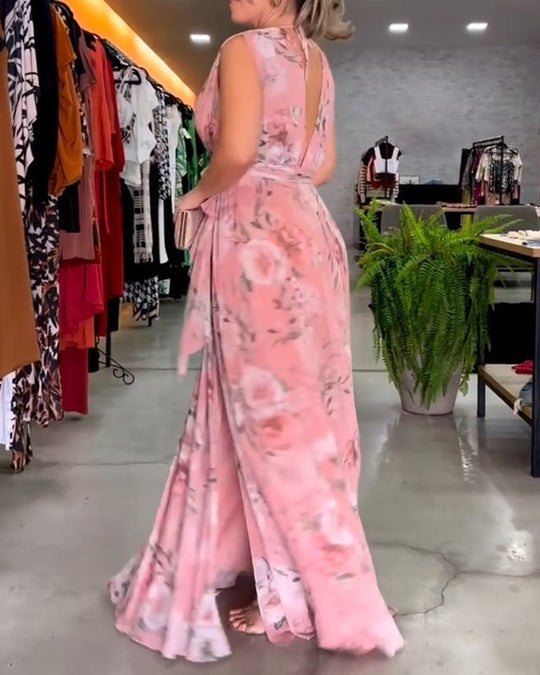Venesa - Elegant Sleeveless V-neck Floral Print Dress
