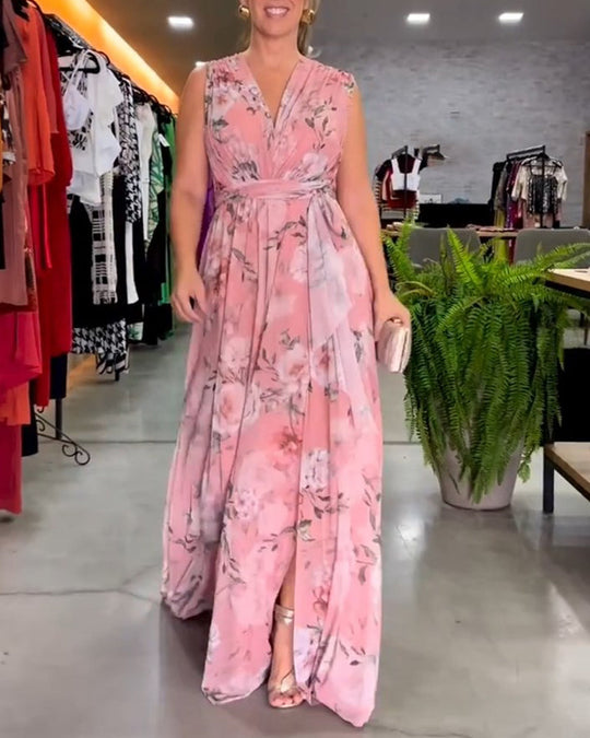 Venesa - Elegant Sleeveless V-neck Floral Print Dress